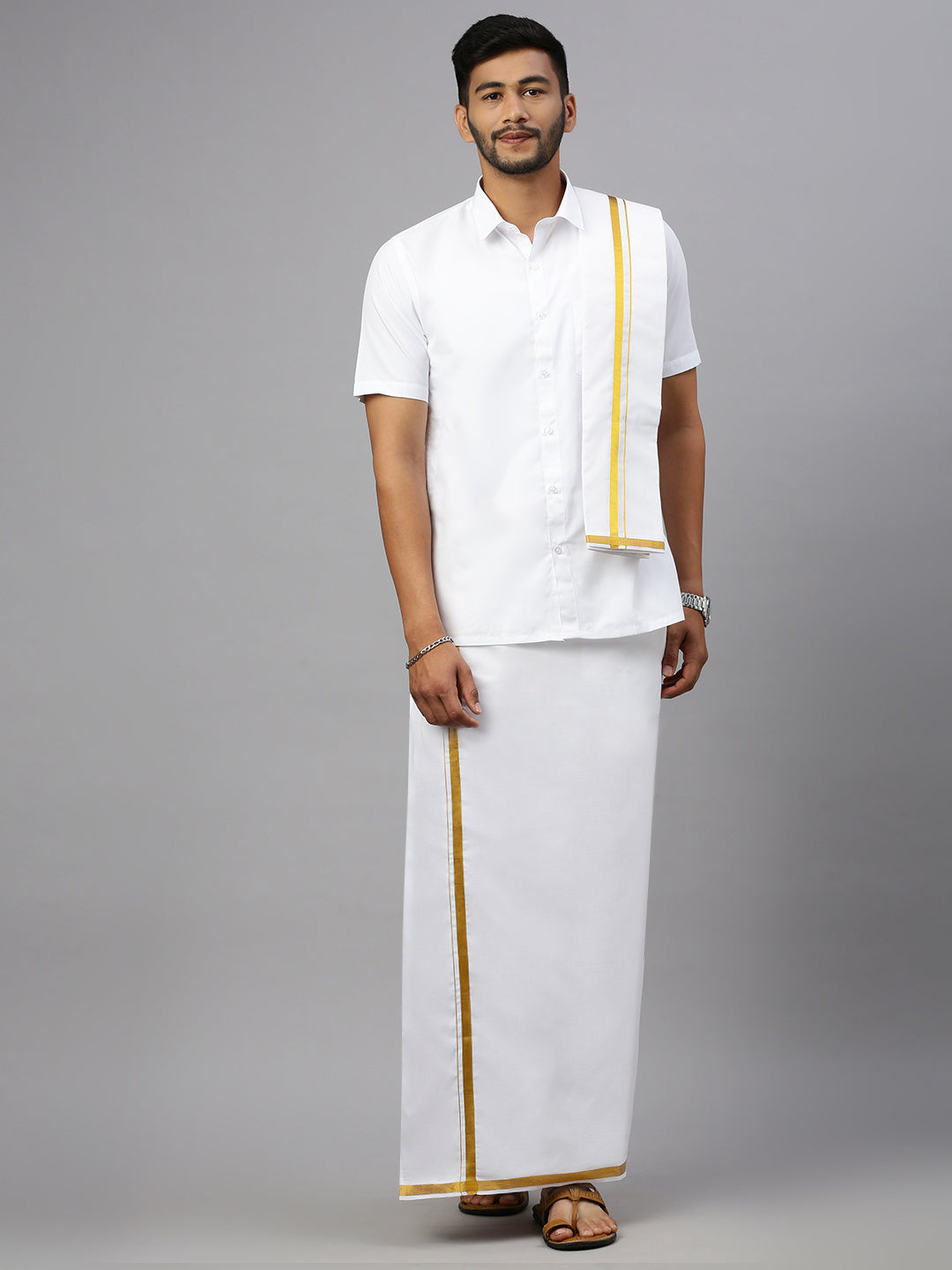 Like Father Like Son Half Sleeves White Shirt Dhoti & Towel Set Combo