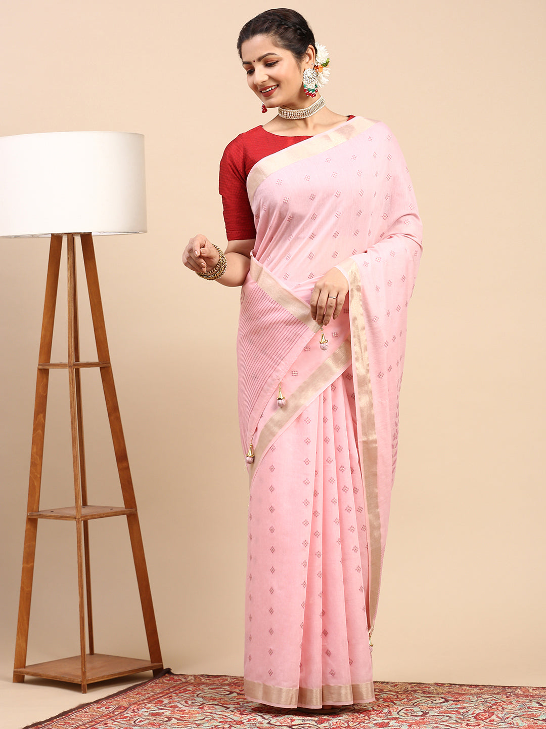 Women Semi Linen Weaving Saree Pink SL150