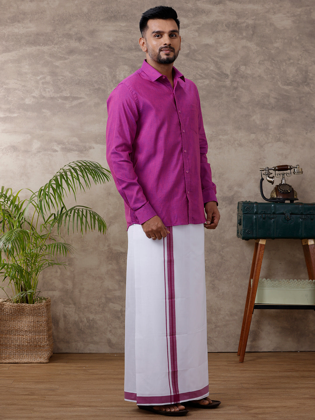 Men Matching Border Dhoti & Shirt Set Magenta C49
