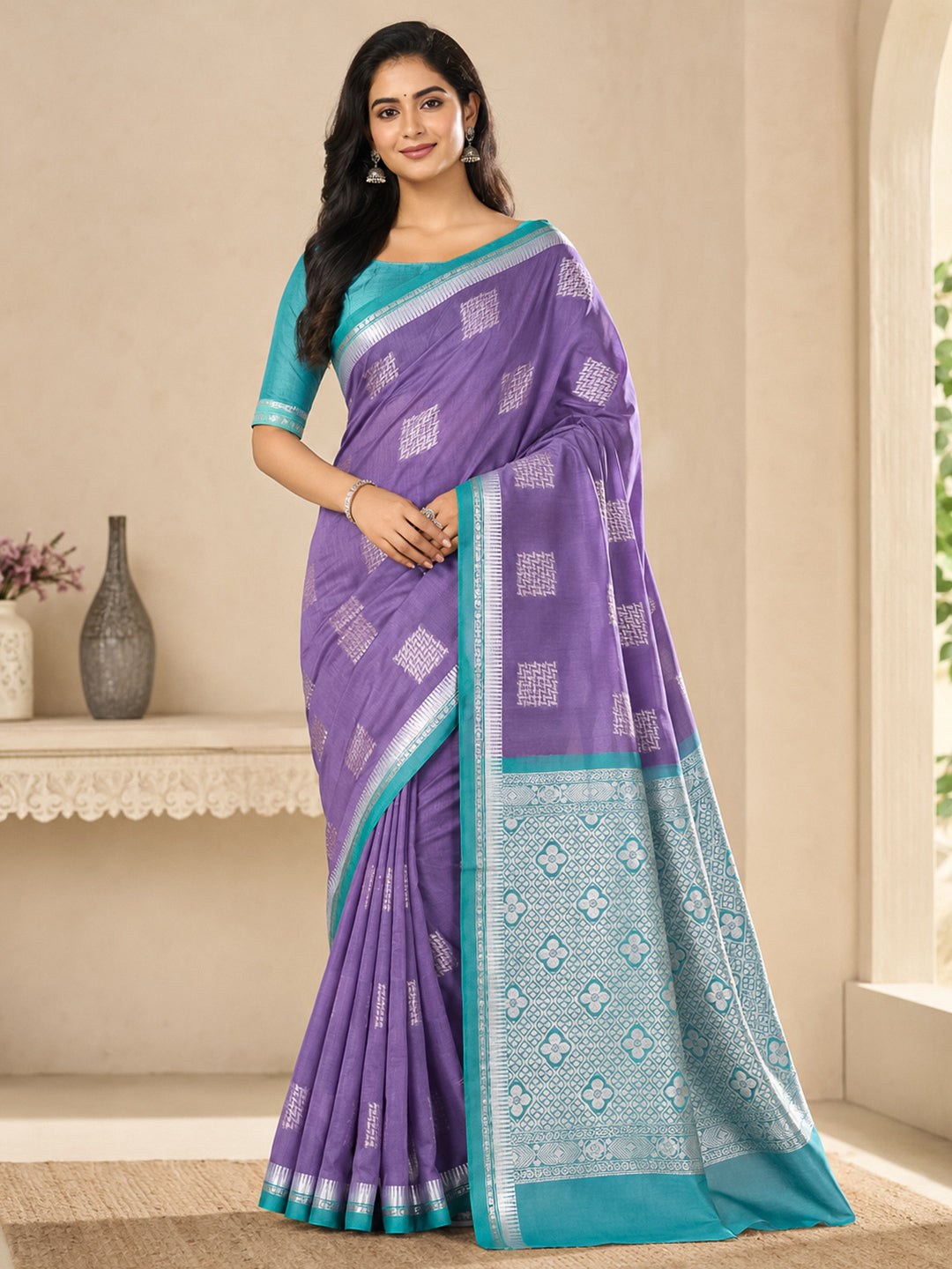 Women Dark Purple Kora Cotton Saree SK136