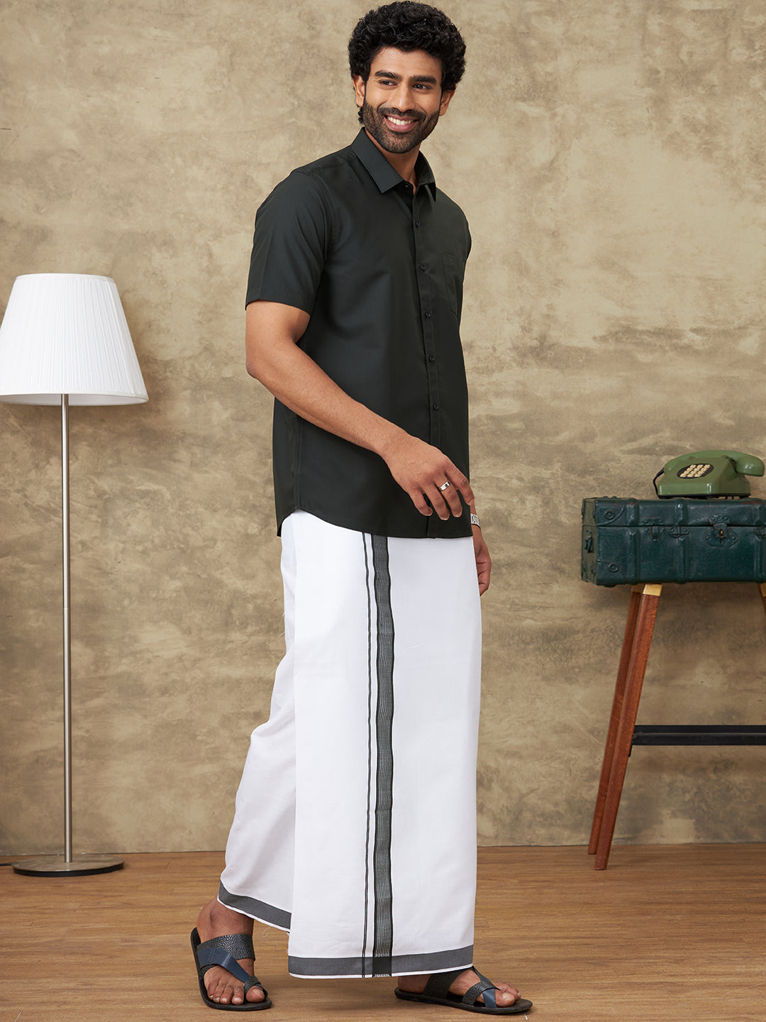 Men Green Waterlo Shirt With Matching Border Dhoti Set Trendy