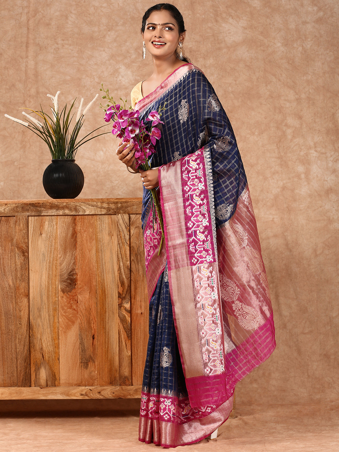 Women Semi Raw Silk Weaving Saree Blue SRS89