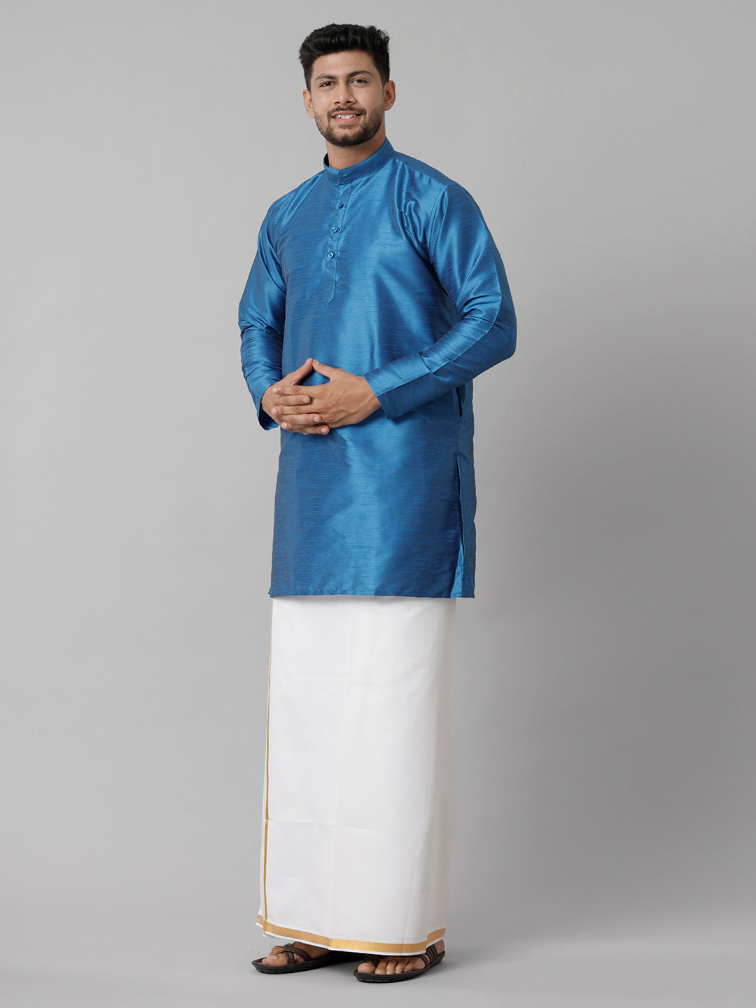 Mens Polyster Blue Medium Length Kurta with White 3/4" Gold Jari Dhoti Combo SL01-Front view
