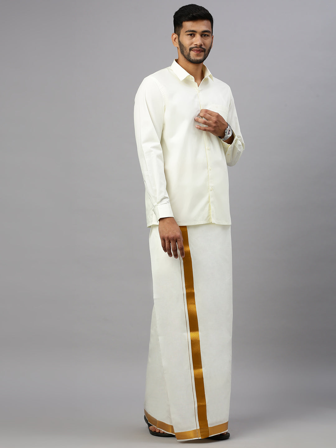 Men  100% Cotton Double Layer Cream Dhoti with 1 1/2" Jari Border Gold Fine Plain
