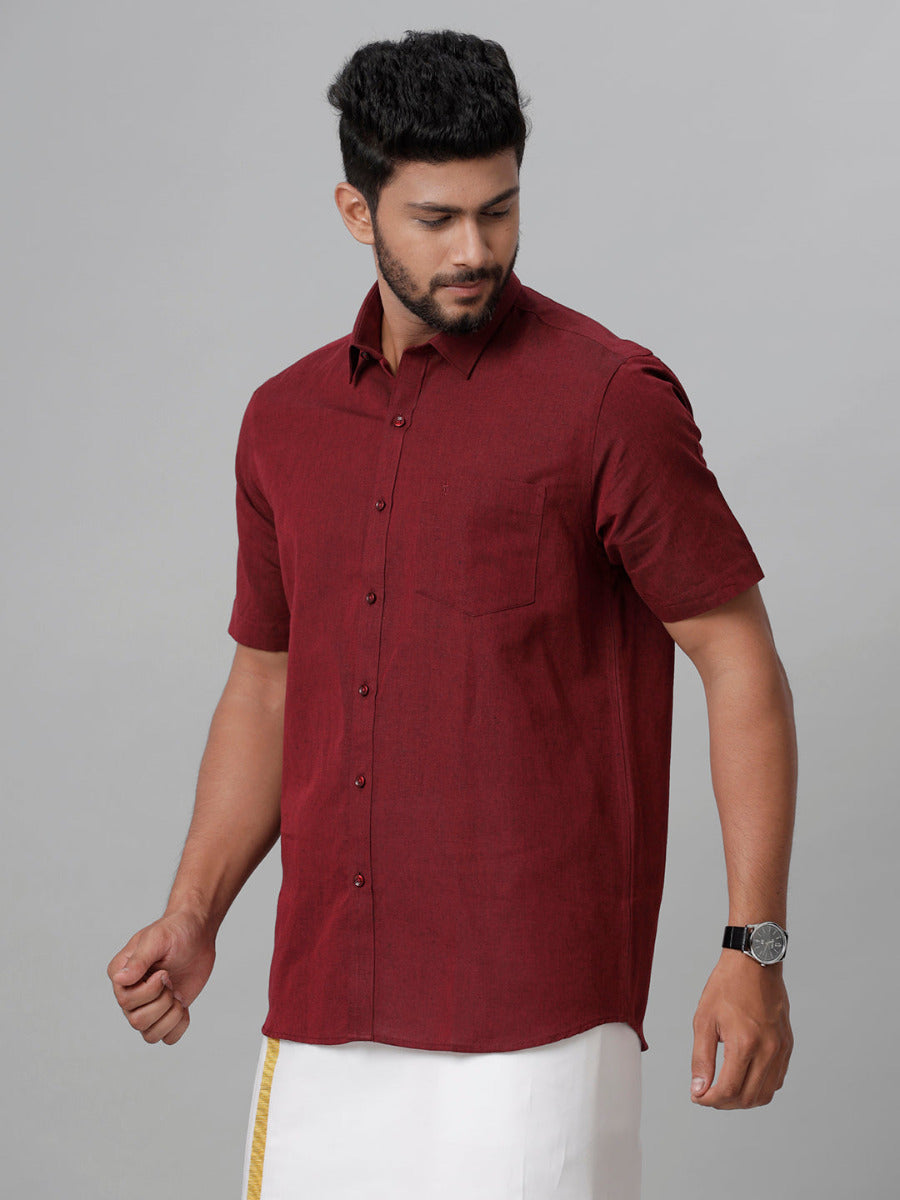 Mens Linen Cotton Formal Maroon Half Sleeves Shirt LF14-Side view