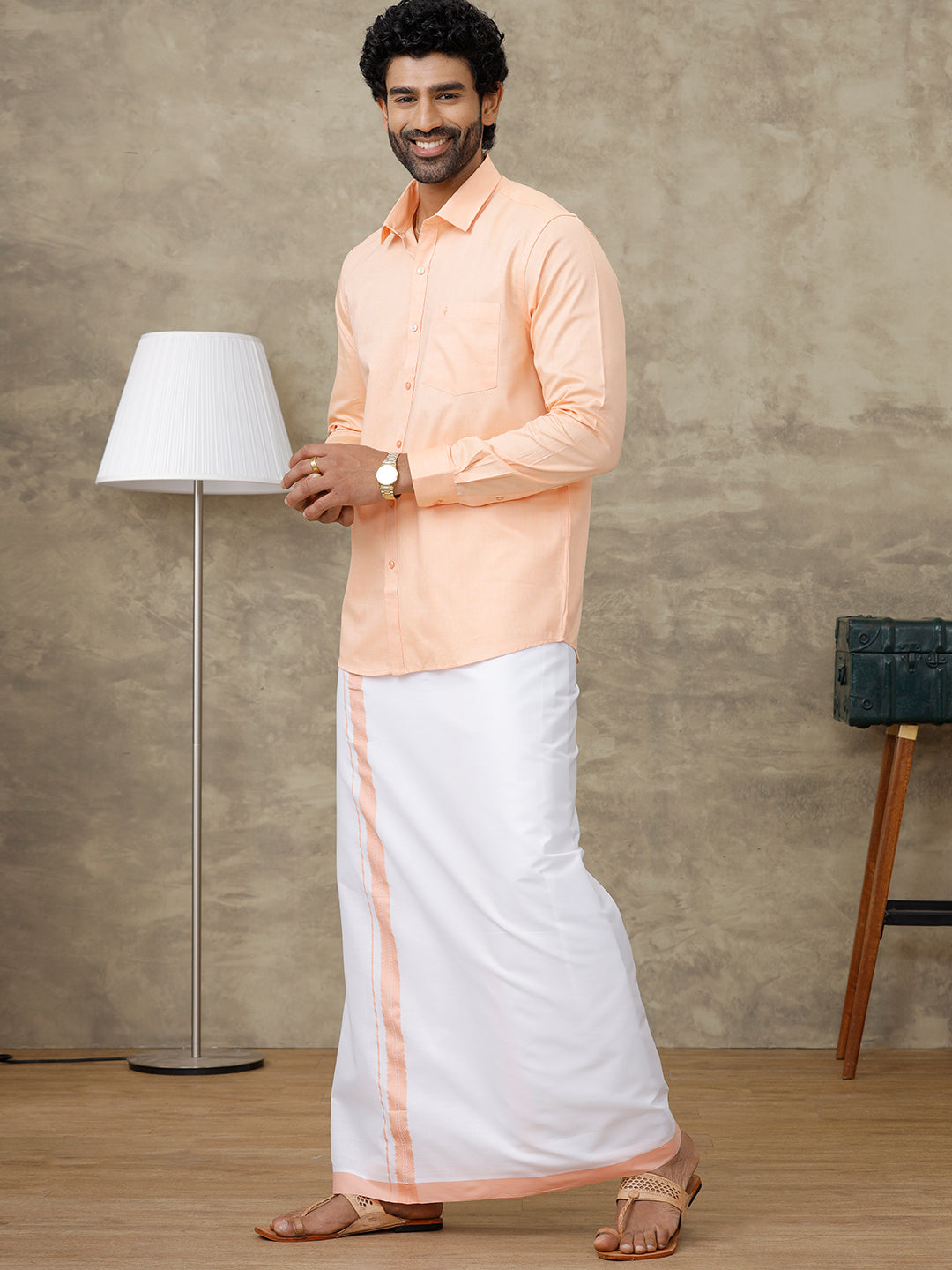 Men Peach Shirt With Matching Border Dhoti Set Evolution