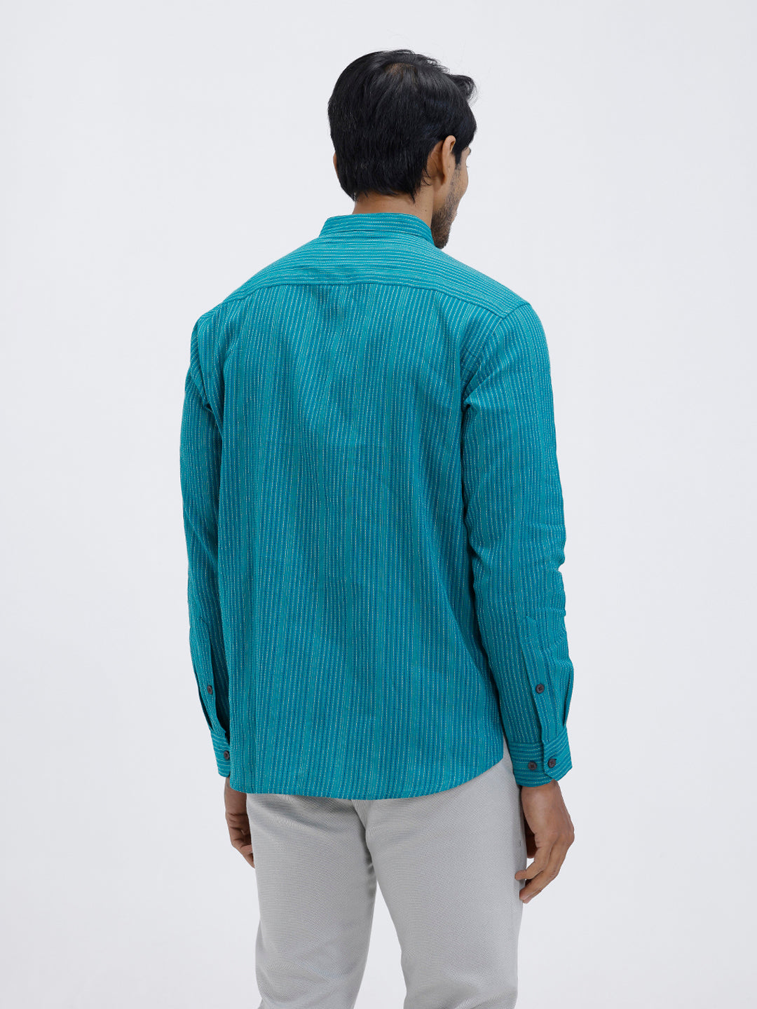 Men Cotton Short Length Striped Pocket Kurta Green RK56