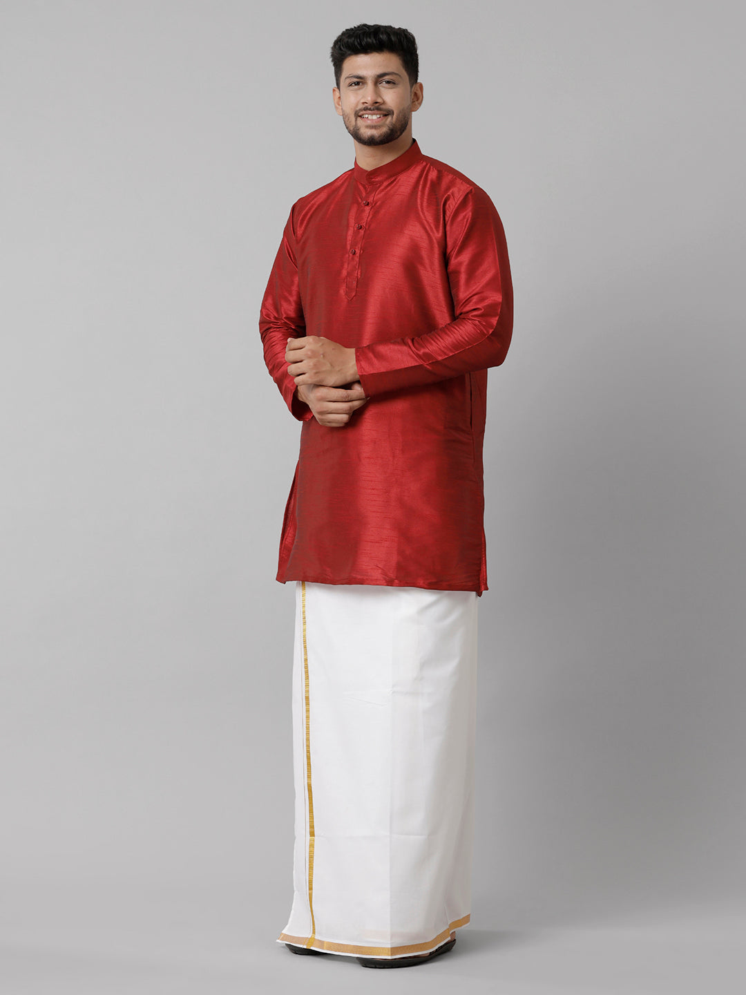 Mens Polyster Red Medium Length Kurta with White 3/4" Gold Jari Dhoti Combo SL06-Side view