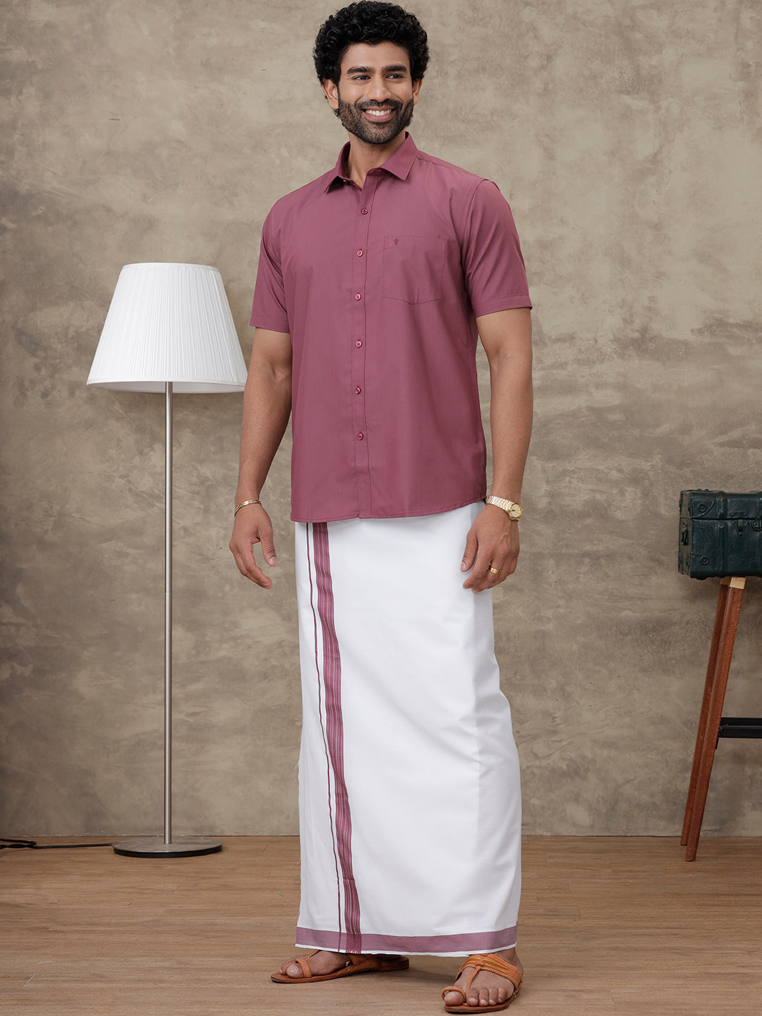 Men Wine Berry Shirt With Matching Border Dhoti Set Trendy