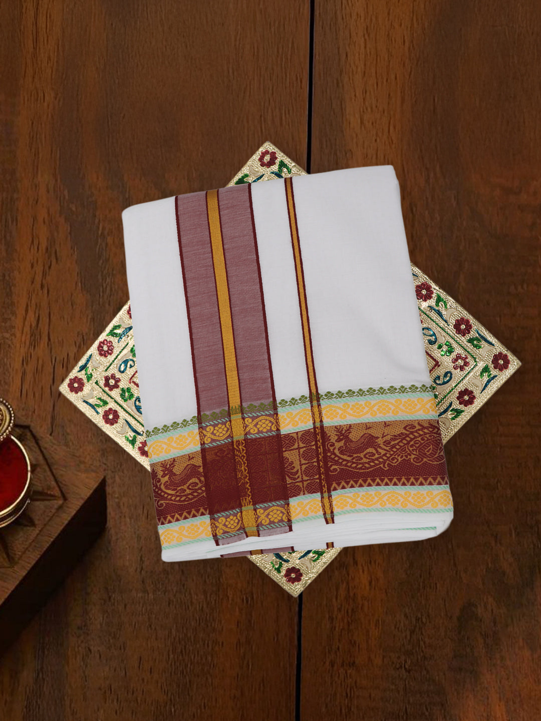 Men Cotton Maroon Fancy Border Panchakacham with Angavasthram Vishvadeva (9+5) VD04