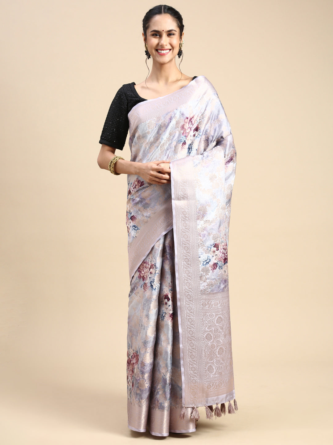 Women Peach & Copper Floral Printed Dola Semi Weaving Printed Saree DSP05