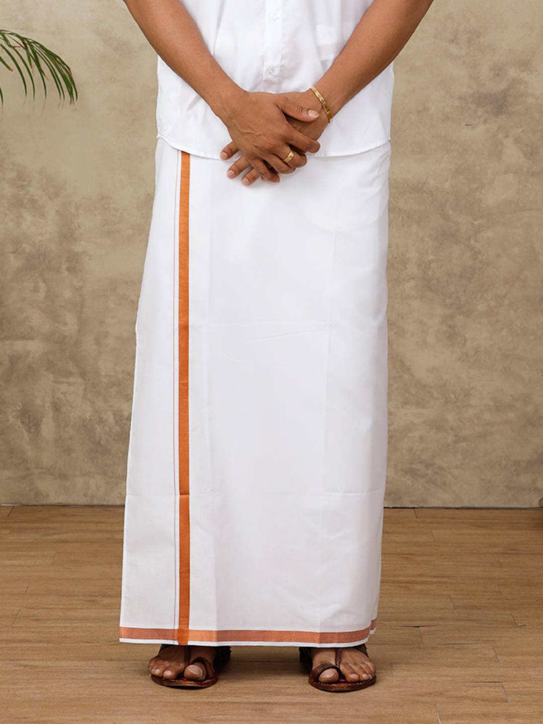 Men Cotton Blend Readymade Double Layer White Dhoti with Copper Jari Border