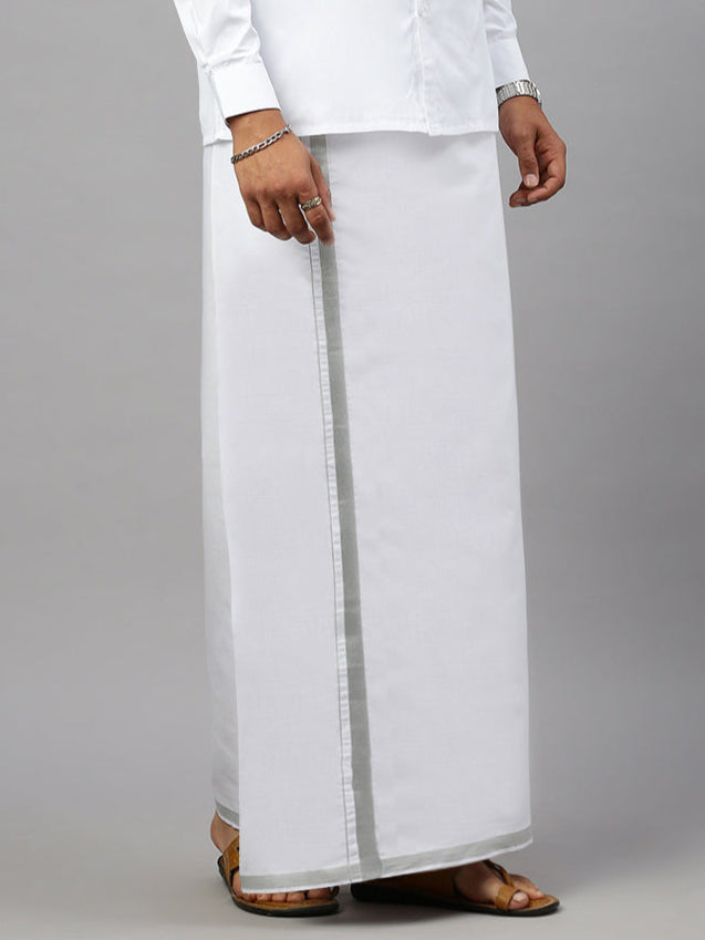 Men Cotton Blend Single Layer White Dhoti with 3/4" Silver Jari Border