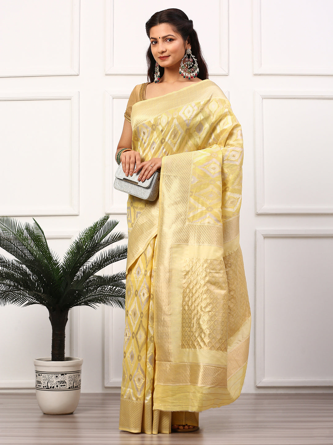 Women Semi Linen Weaving Saree Yellow SL138