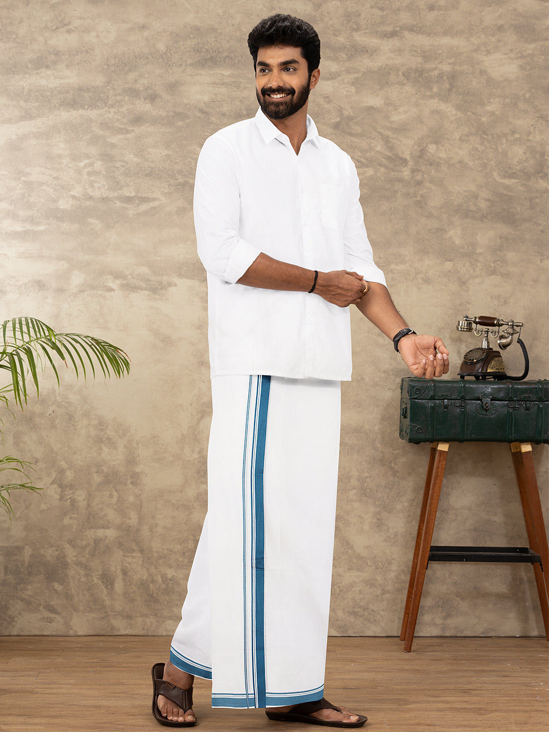 Men 100% Cotton Double Layer White Dhoti with Fancy Border EF08