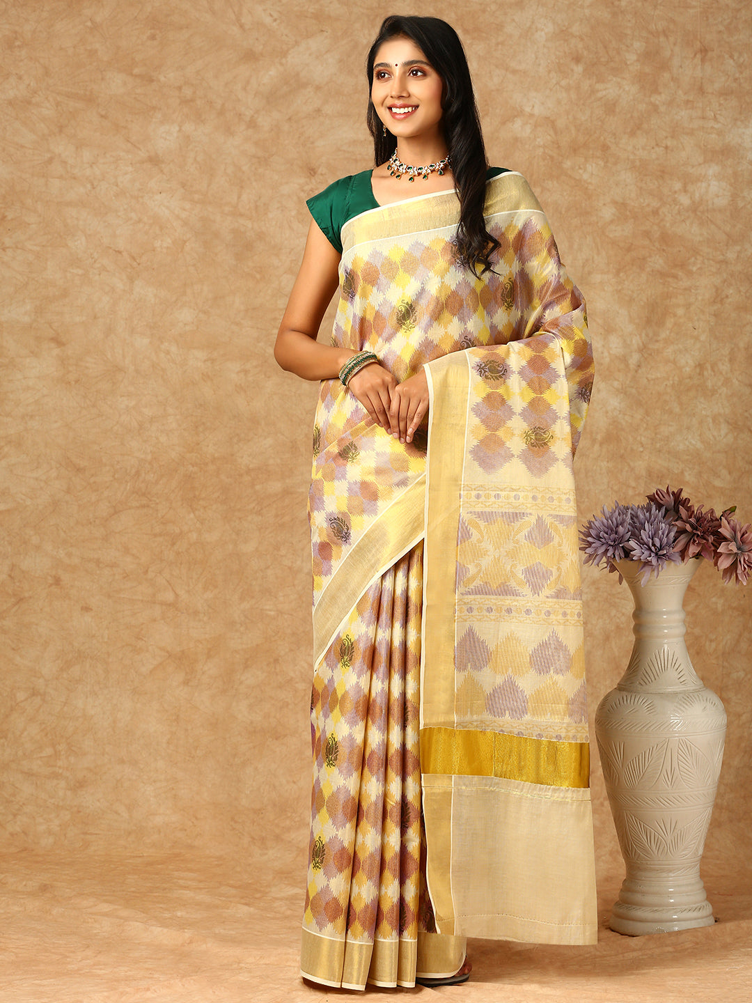 Women Kerala Cream Printed Tissue Saree KS148