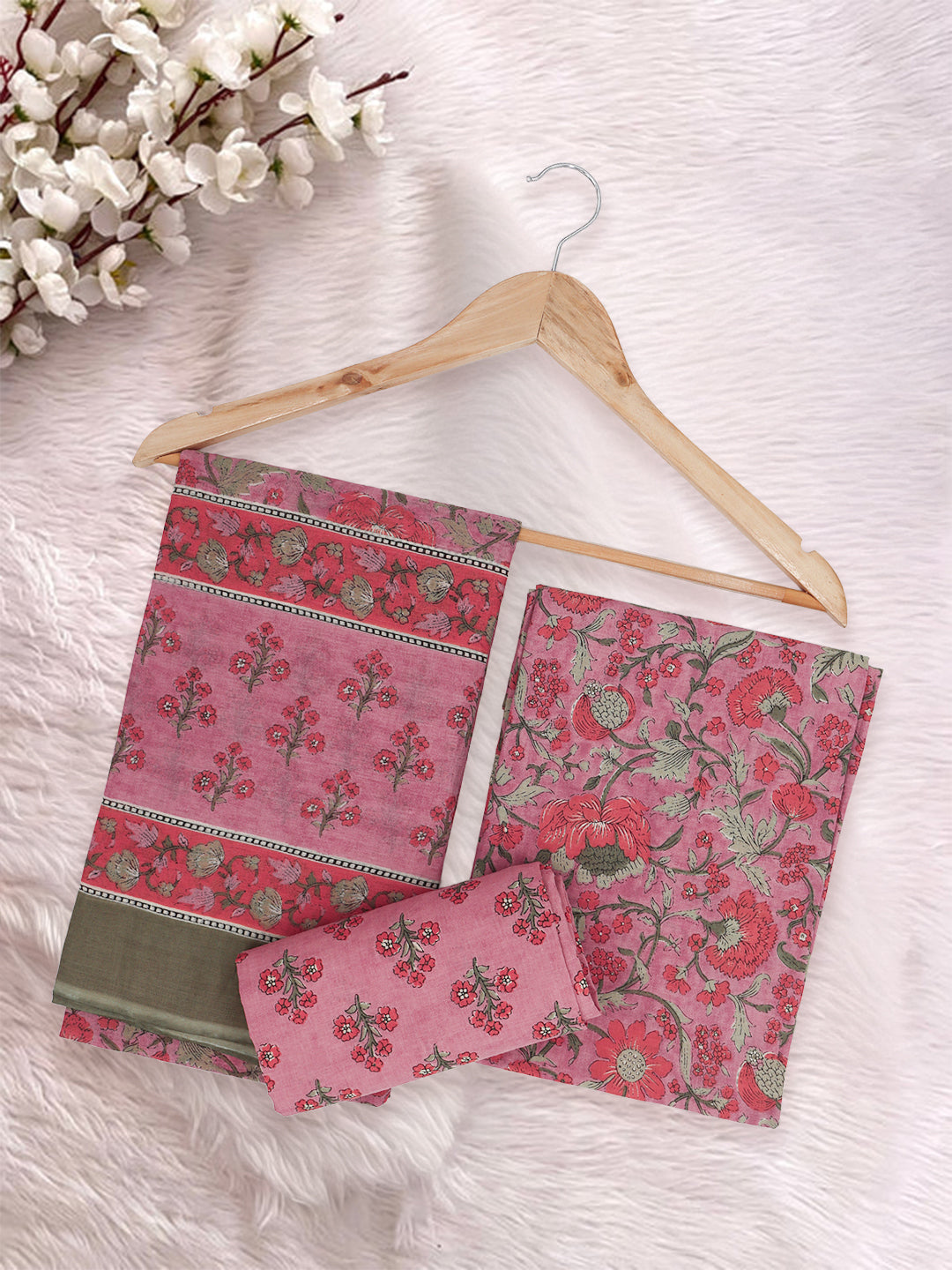 Women Pure Cotton Printed Dress Material Pink DM340