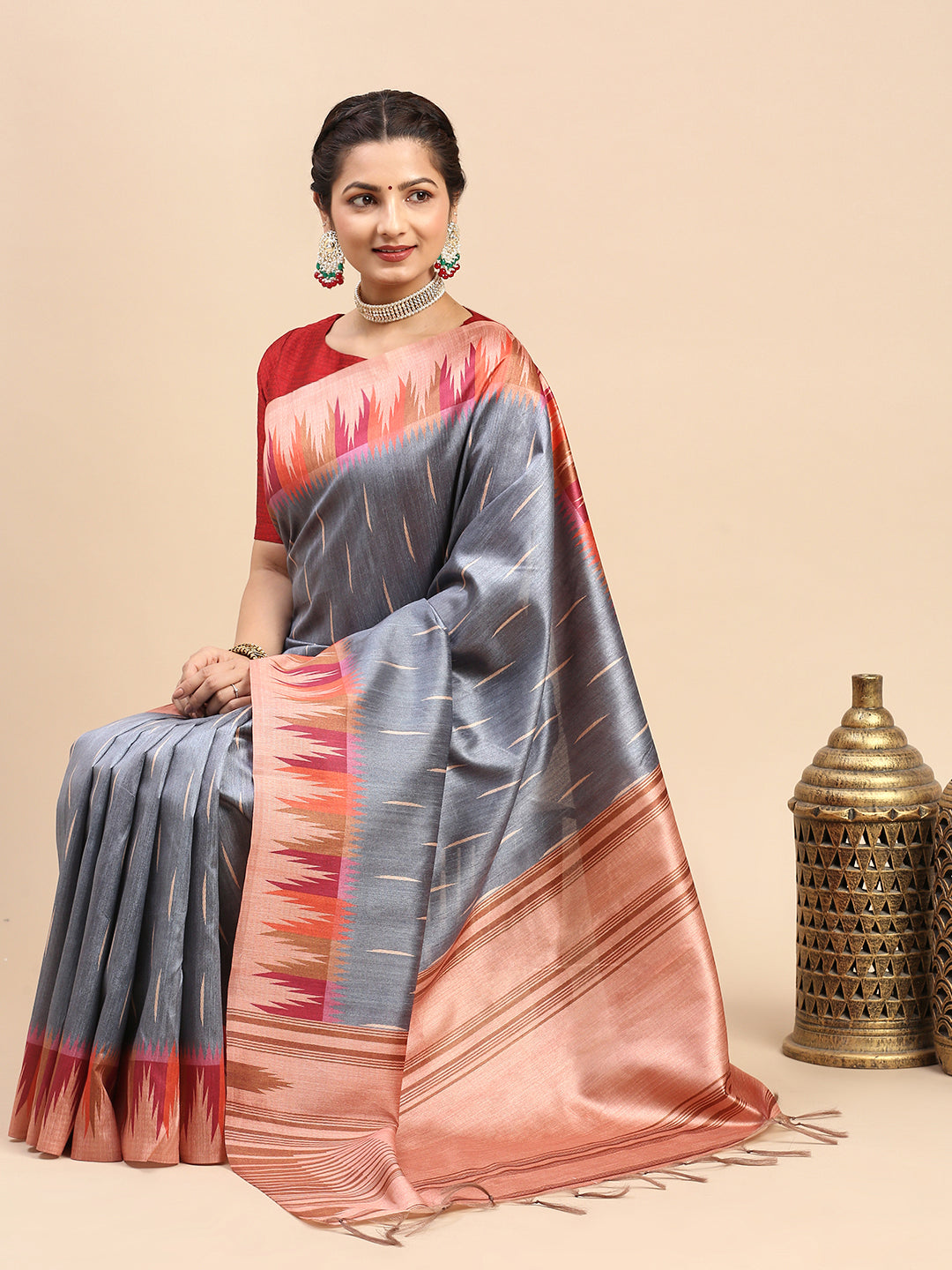 Womens Semi Tussar Weaving Saree Grey ST174