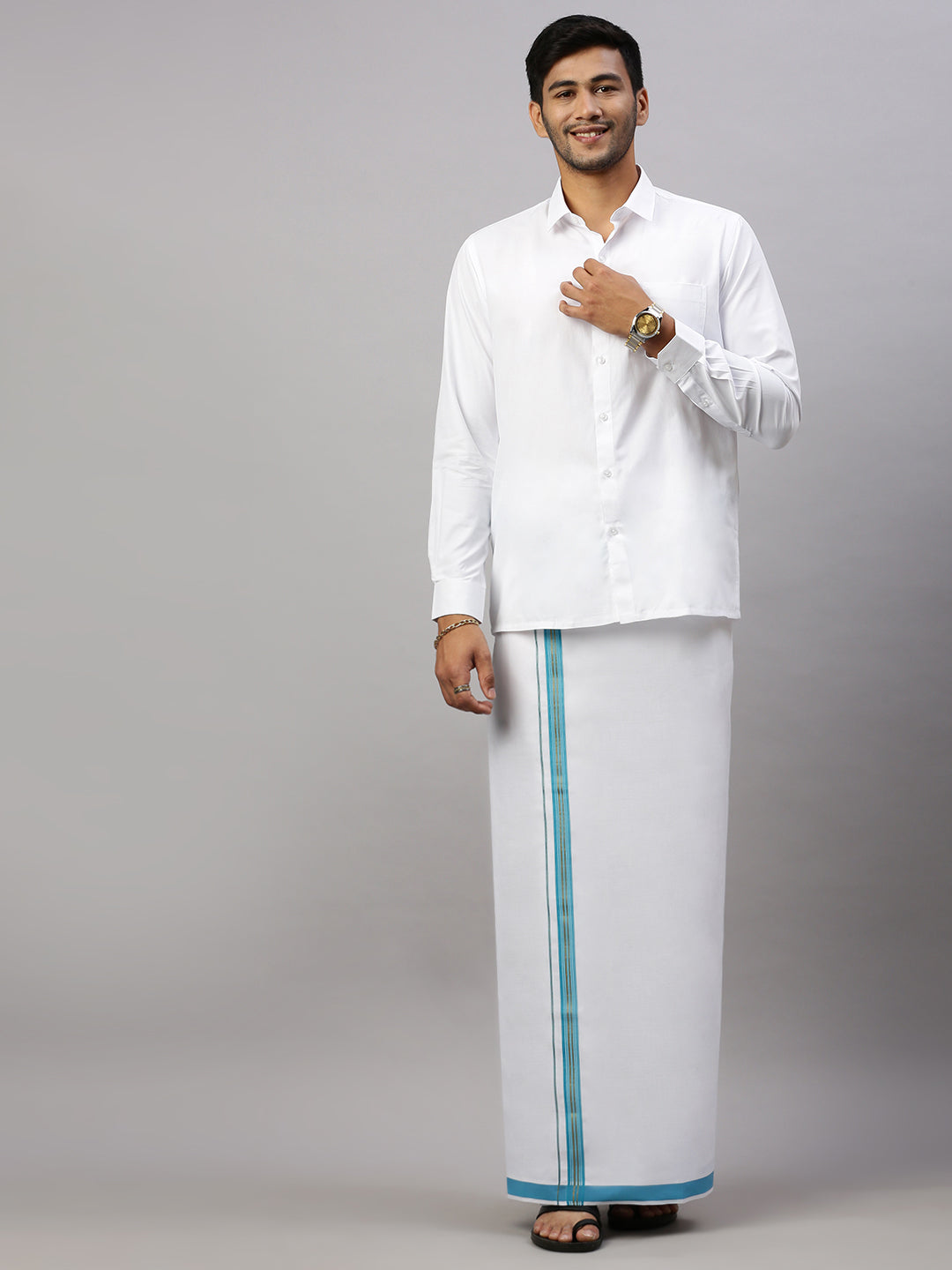 Mens Cotton Single Dhoti with Turquoise Blue Fancy Border - WGF04