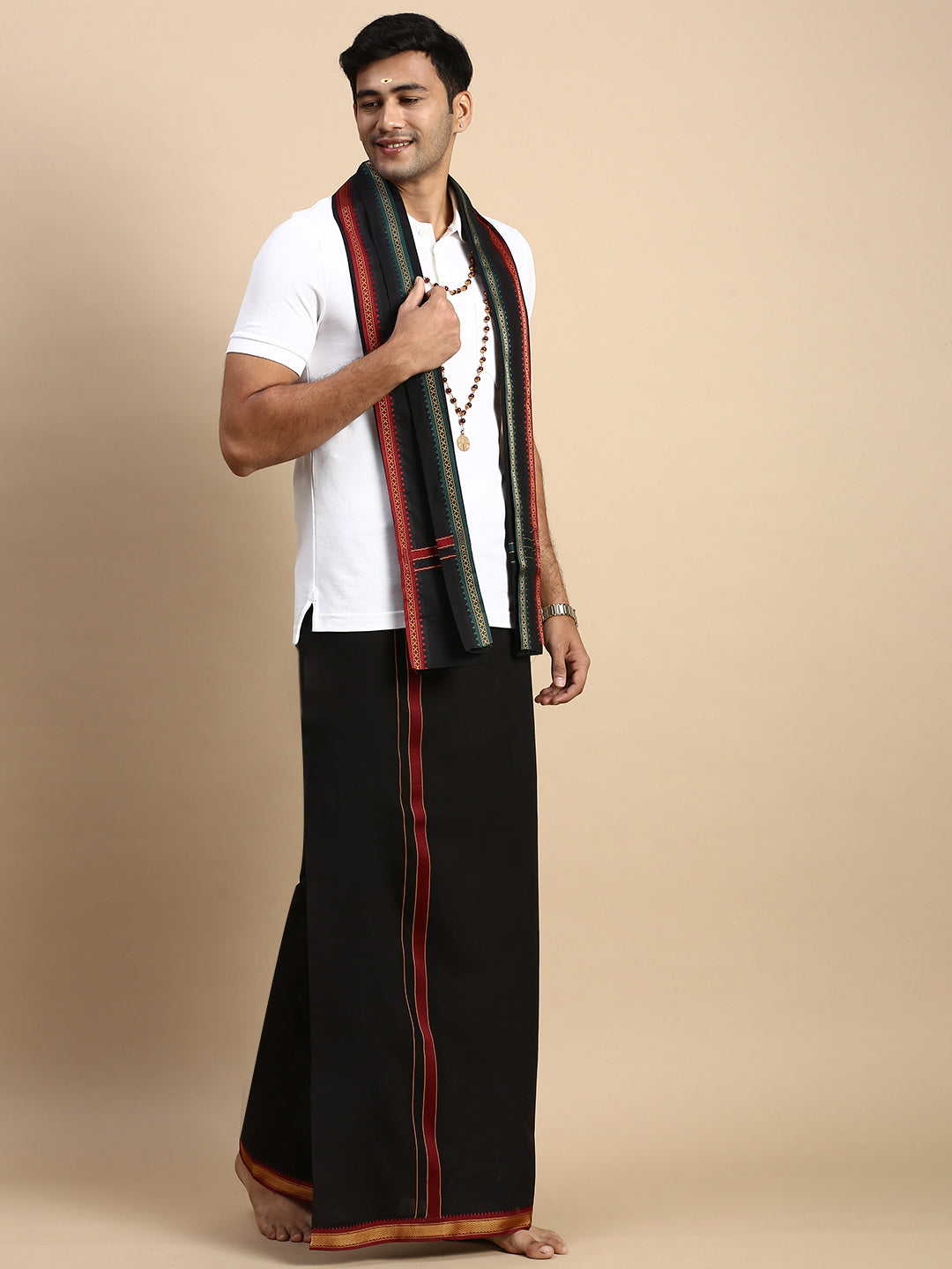 Men Devotional Mayilkhan Border Dhoti with Towel & TShirt Set Black EP1