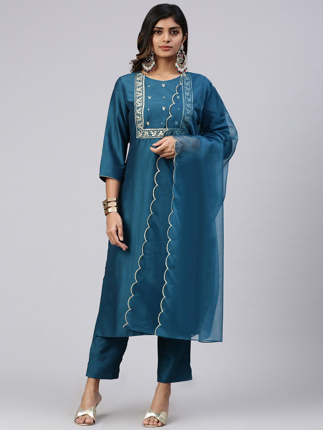 Women Cotton Embroidered Kurti Sets Green EKS31