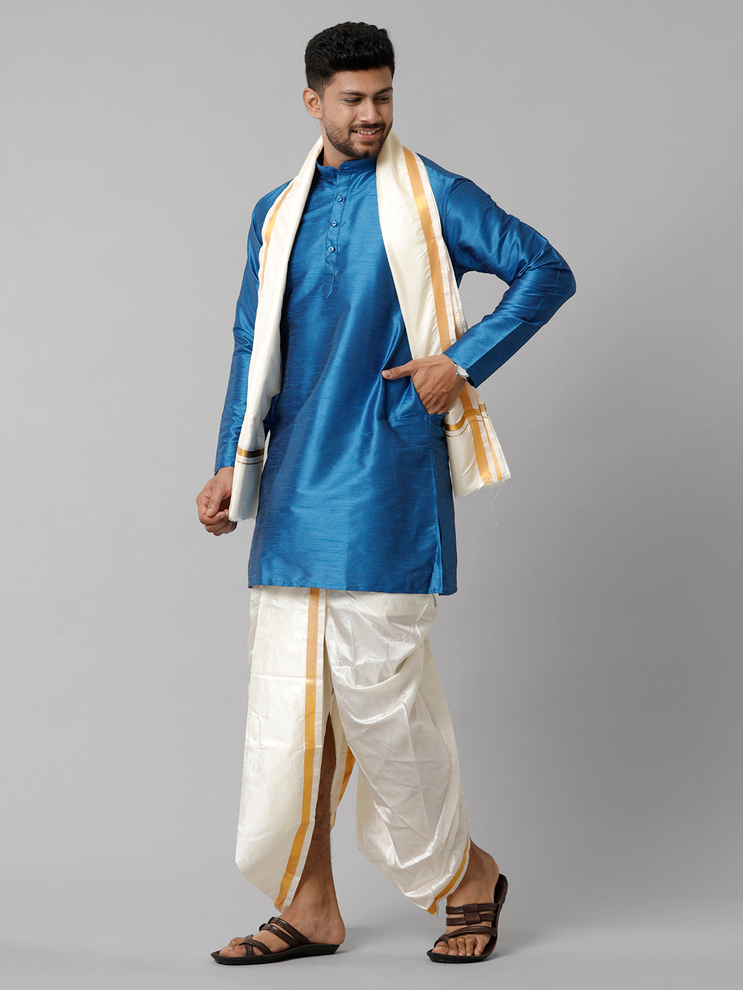 Mens Polyster Blue Medium Length Kurta with Art Silk Panchakacham Towel Combo SL01-Side view