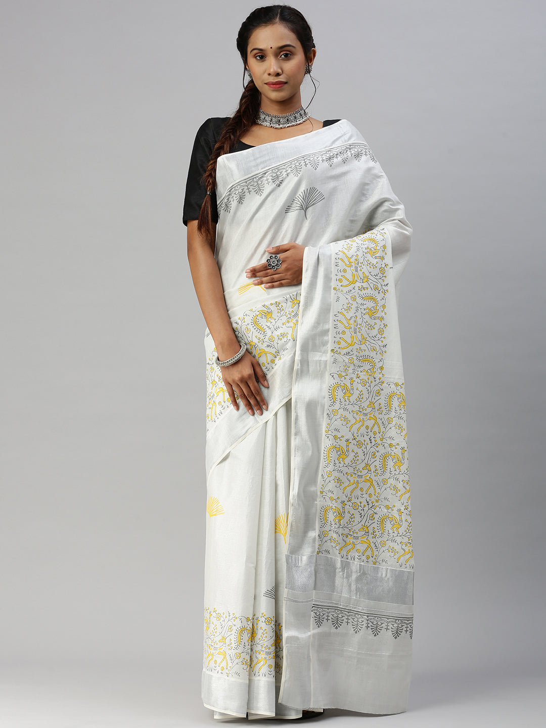 Matching Tissue Jari Dhoti Shirt &  Tissue Jari Saree Couple Combo Silver-Saree front view