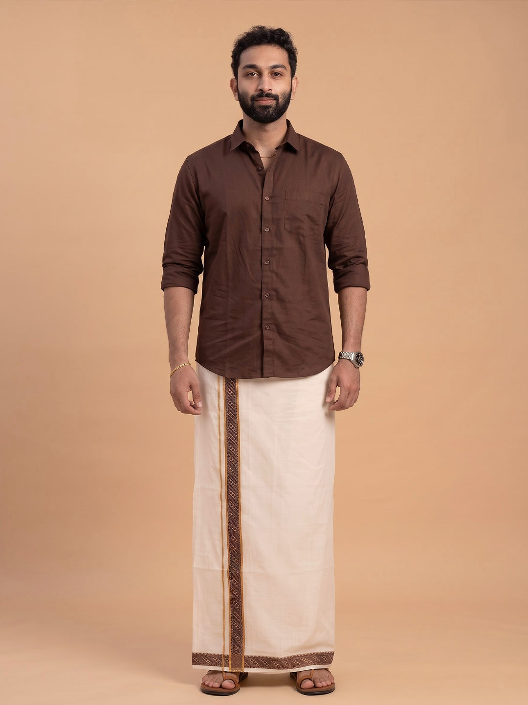 Double Layer 100% Cotton Cream Kora Dhoti with Colour Jari Border - CF05