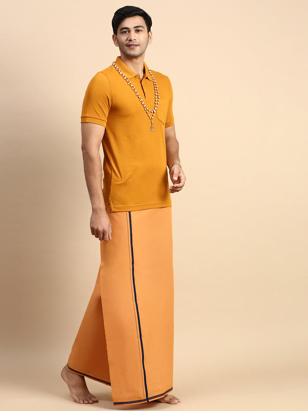 Men Devotional Big Border Dhoti & TShirt Set Kavi EP41