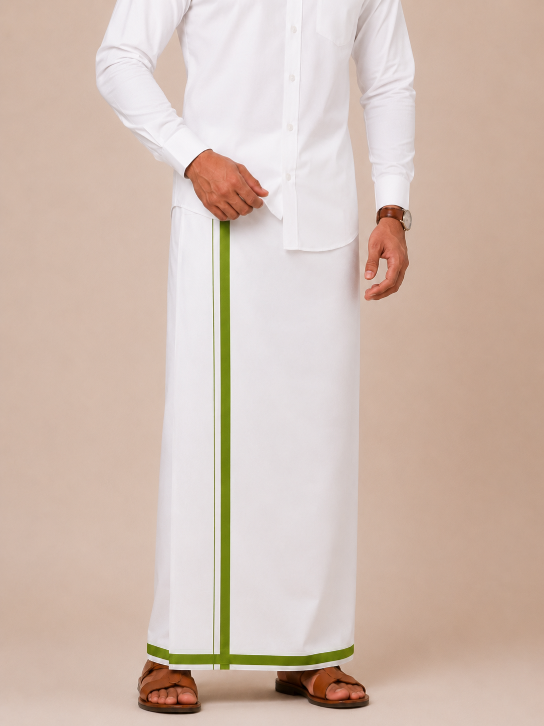 Men 100% Cotton Double Layer White Dhoti with Big Border Wisdom WB03