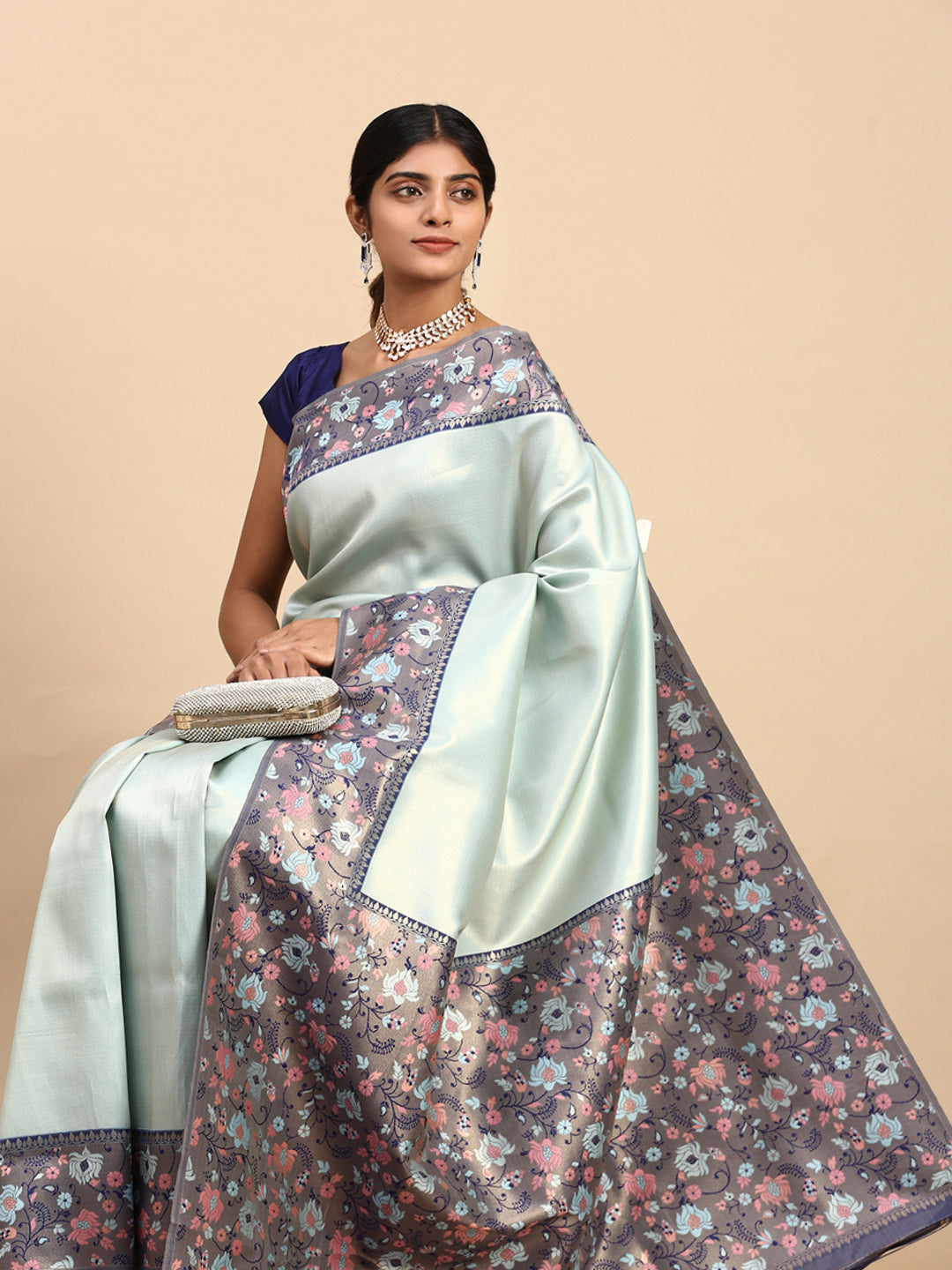 Women Semi Silk Tissue Weaving Saree Blue SS275