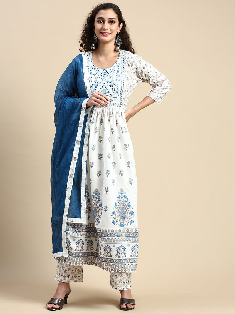 Womens White with Blue Printed & Embroidered Kurti Set PKS03