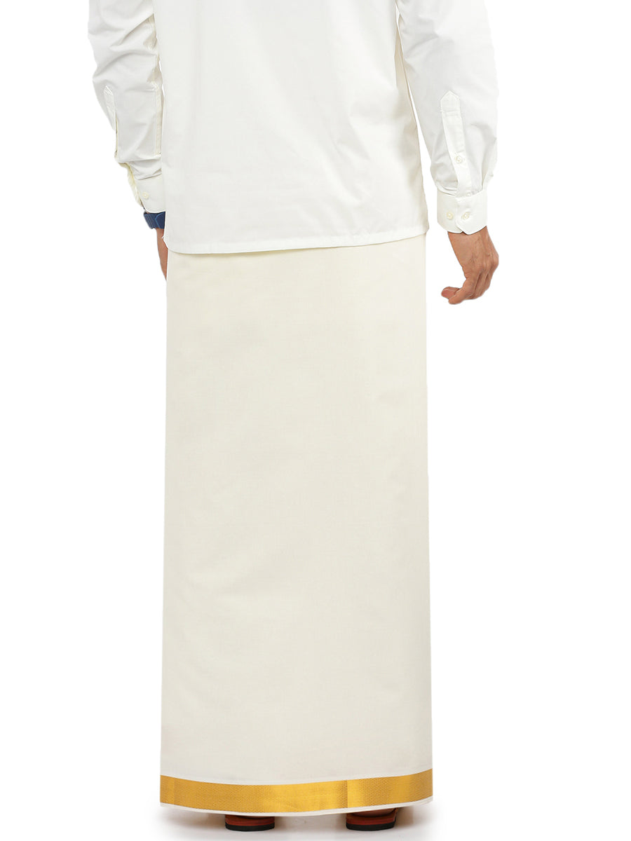 Mens Cream Double Dhoti with 1 1/2" Gold Jari Border Gold Fine Pet-Back view