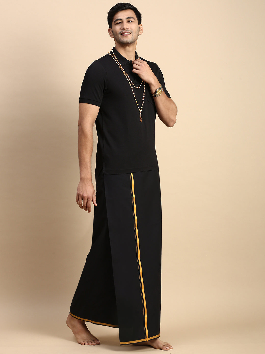 Men Devotional Big Border Dhoti & TShirt Set Black EPD14