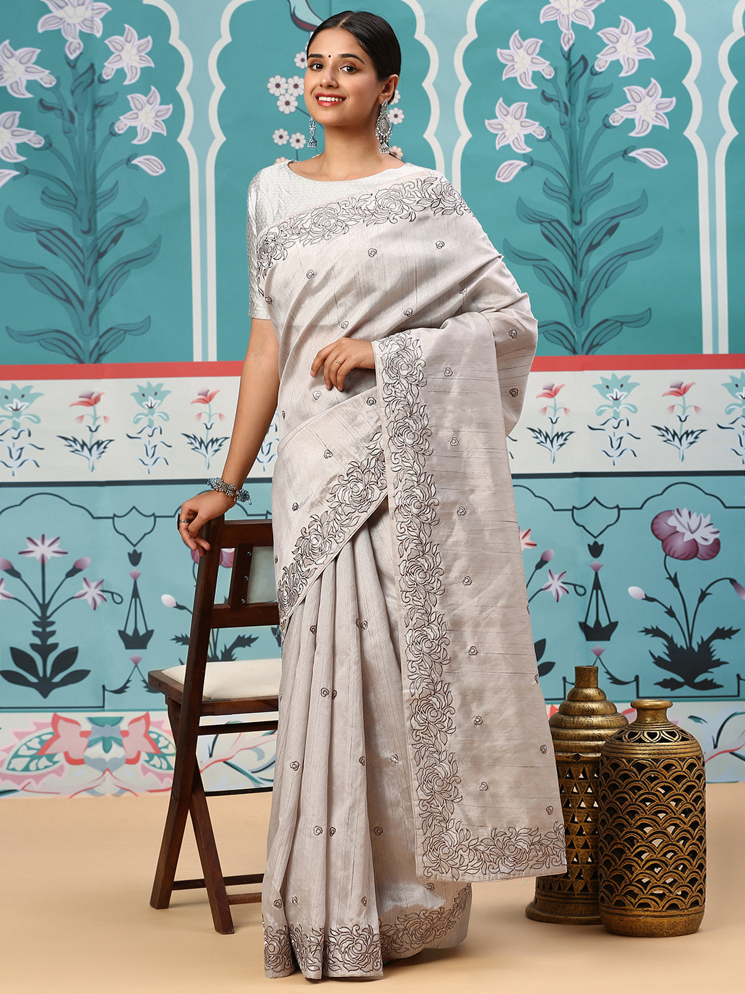 Womens Semi Tussar Embroidery Saree Grey ST141