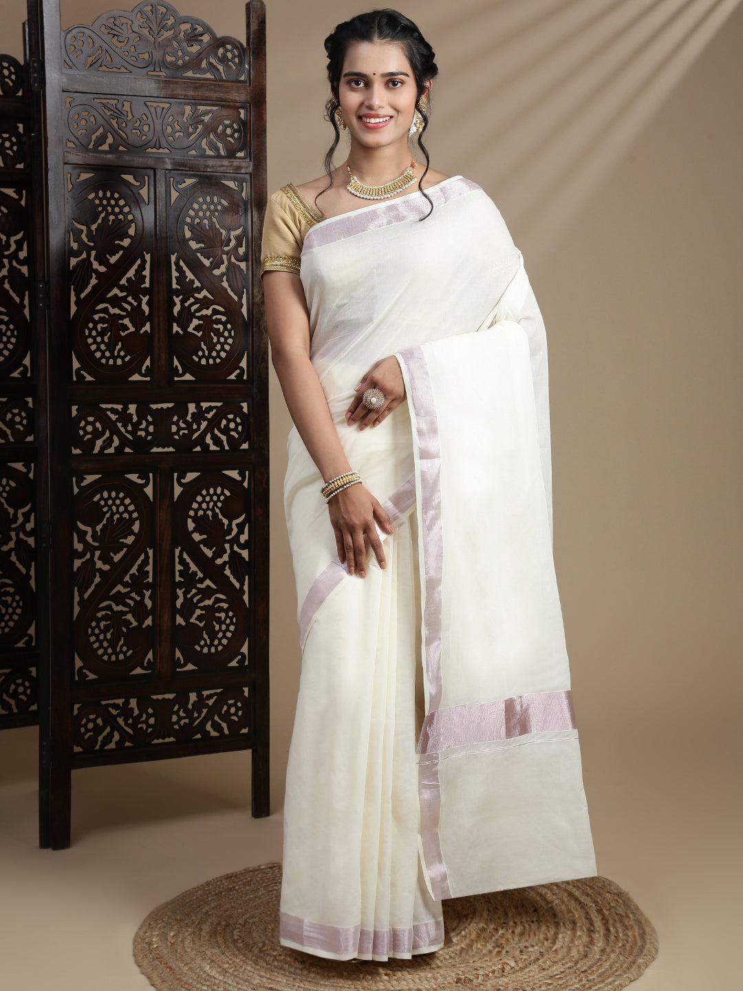 Women Traditional Kerala Cream Plain Saree with RoseGold Border KS223