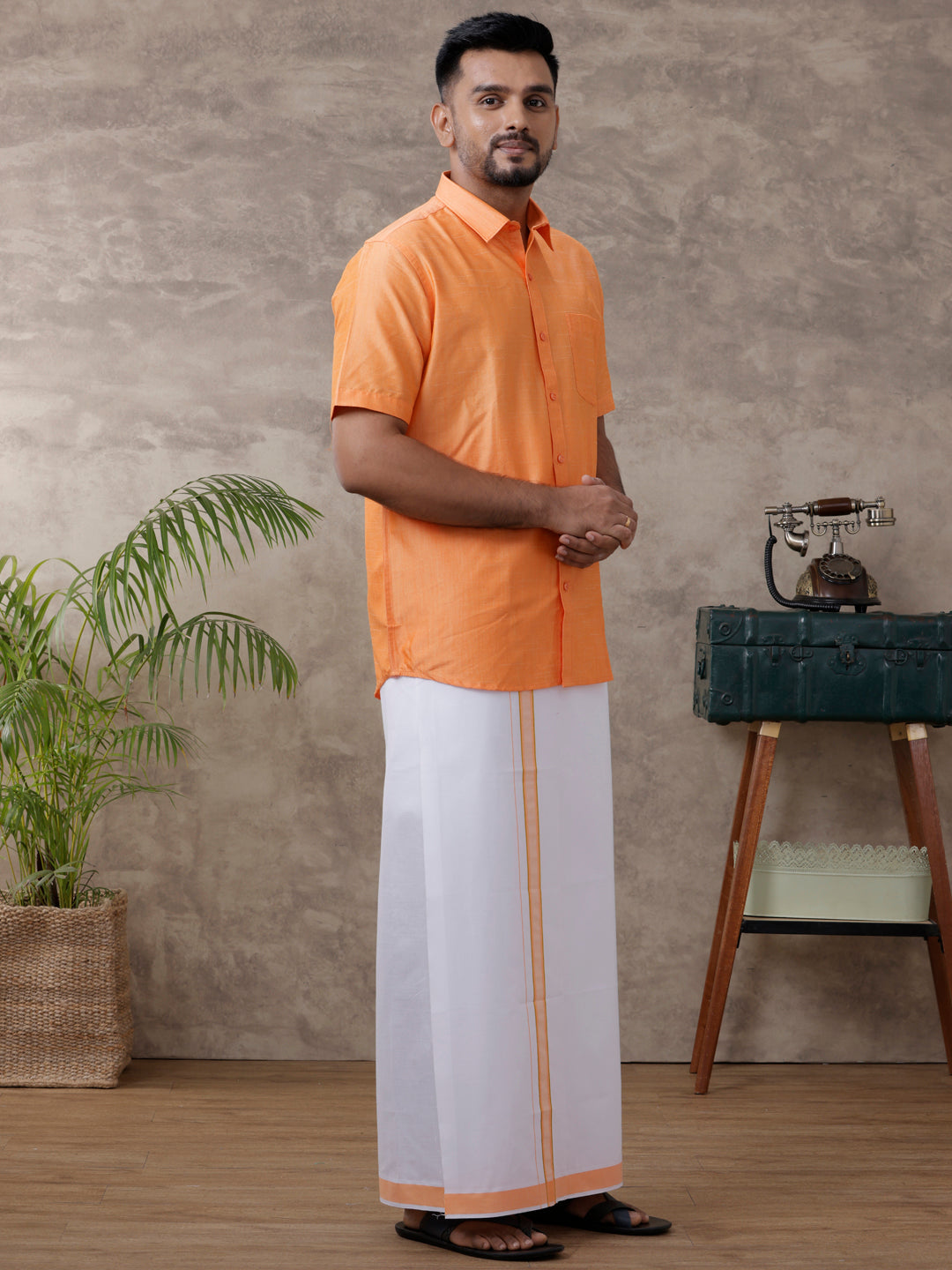 Mens Matching Jari Border Dhoti & Shirt Set Half Orange VB4