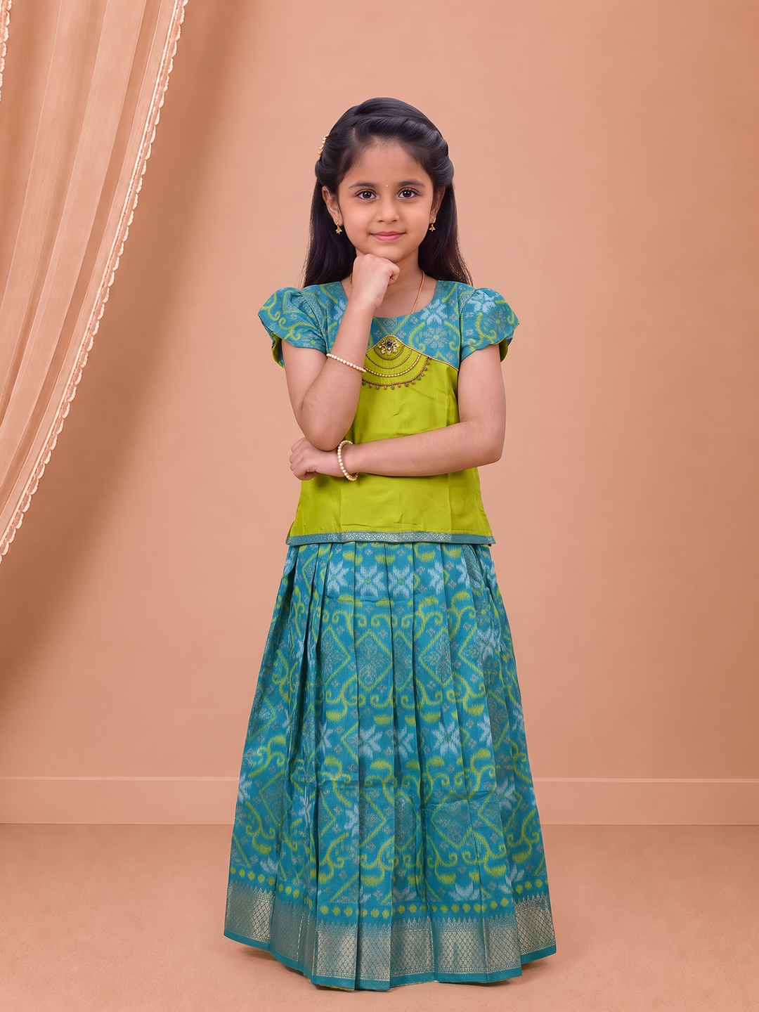 Girls Art Silk Lime Green Pattu Pavadai Set GPS84