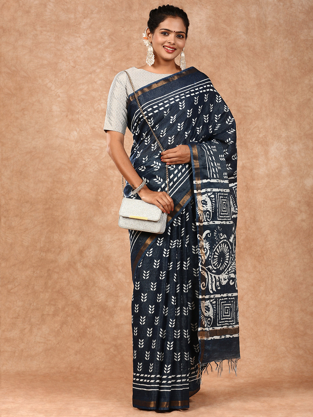 Women Semi Tussar Printed Saree Blue ST146