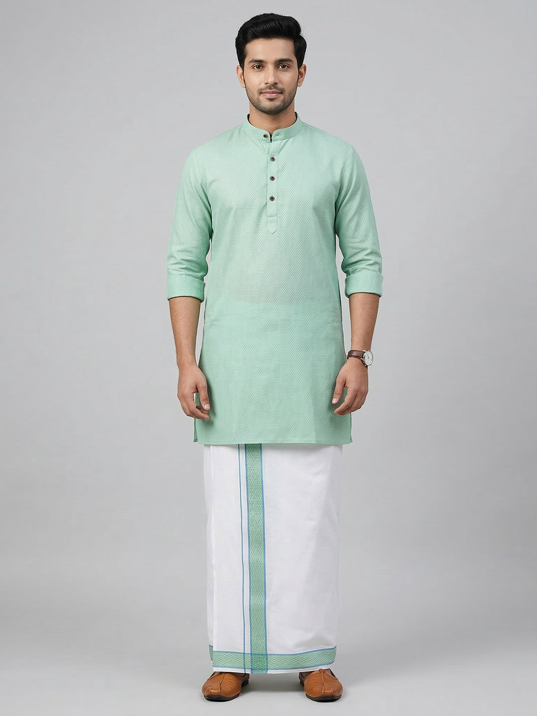 Men Greenish Blue Medium Length Kurta with Matching Border Dhoti Set MHJ6