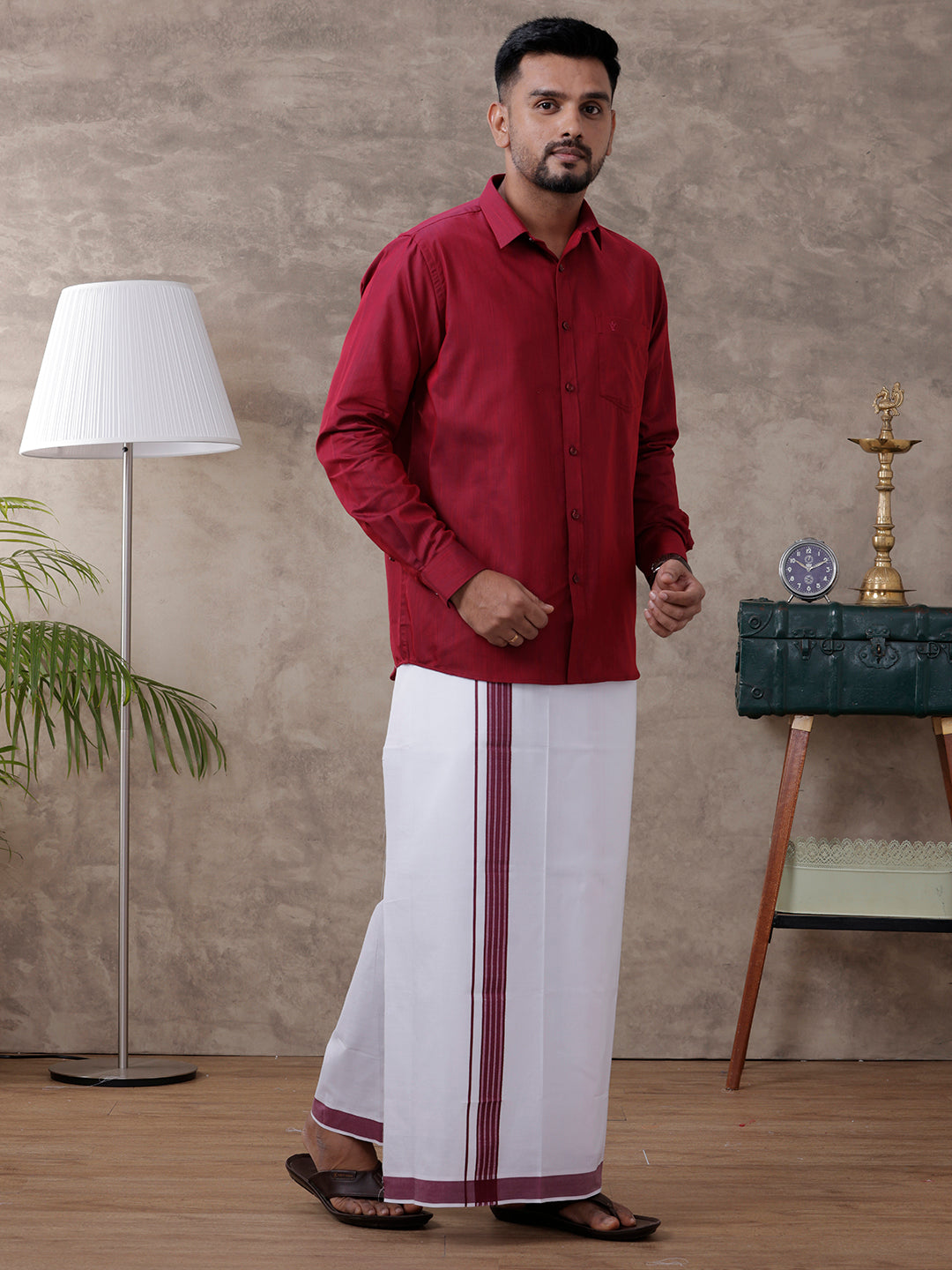 Mens Maroon Matching Border Dhoti & Full Sleeves Shirt Set Evolution IC6