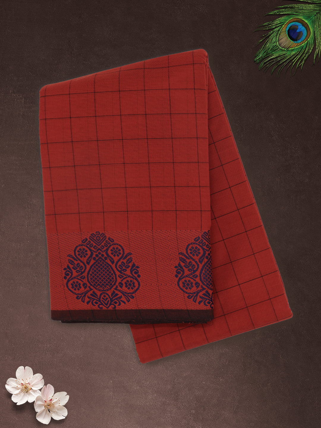 Women Red Checks Pure Chettinad Cotton Saree PCS234