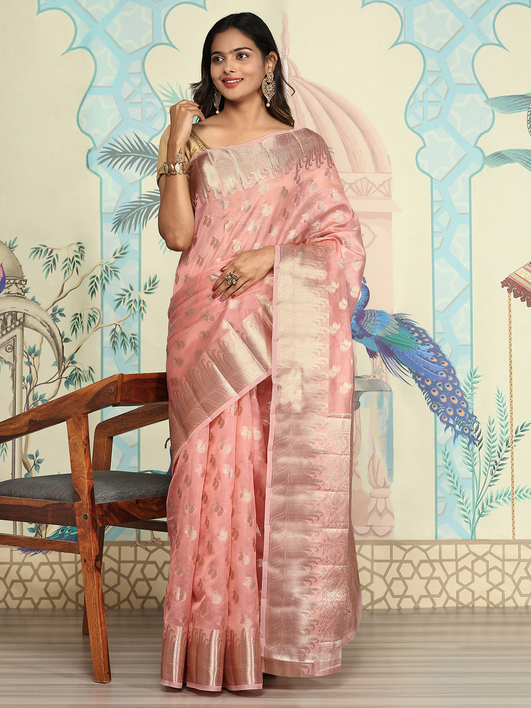 Women Semi Orgenza Weaving Saree Peach SOS14