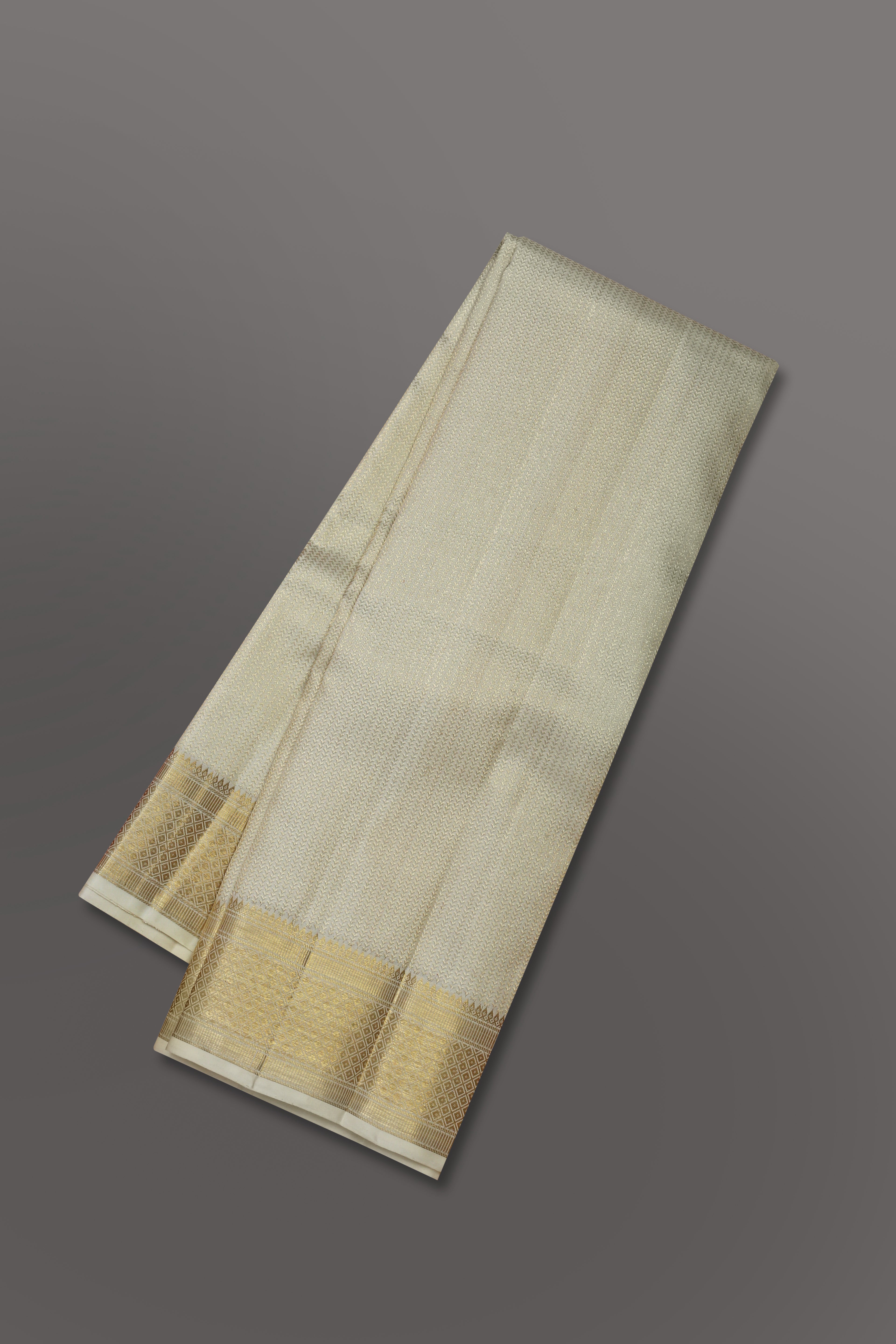 Men Premium Pure Silk Dhoti and Towel Set with 4" Gold Jari Border Virutcham