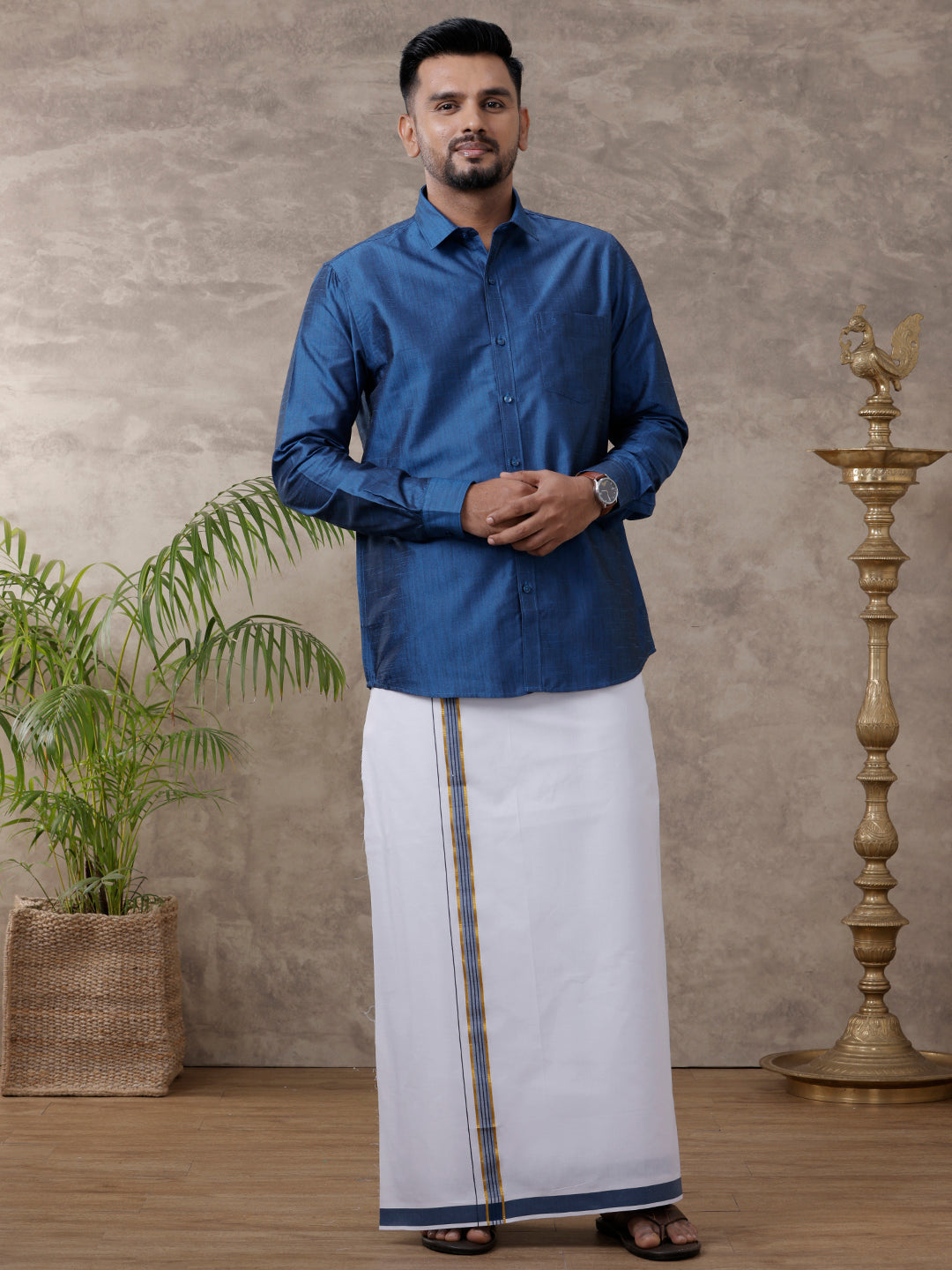 Mens Matching Jari Border Dhoti & Shirt Set Full Sleeve Blue VB9