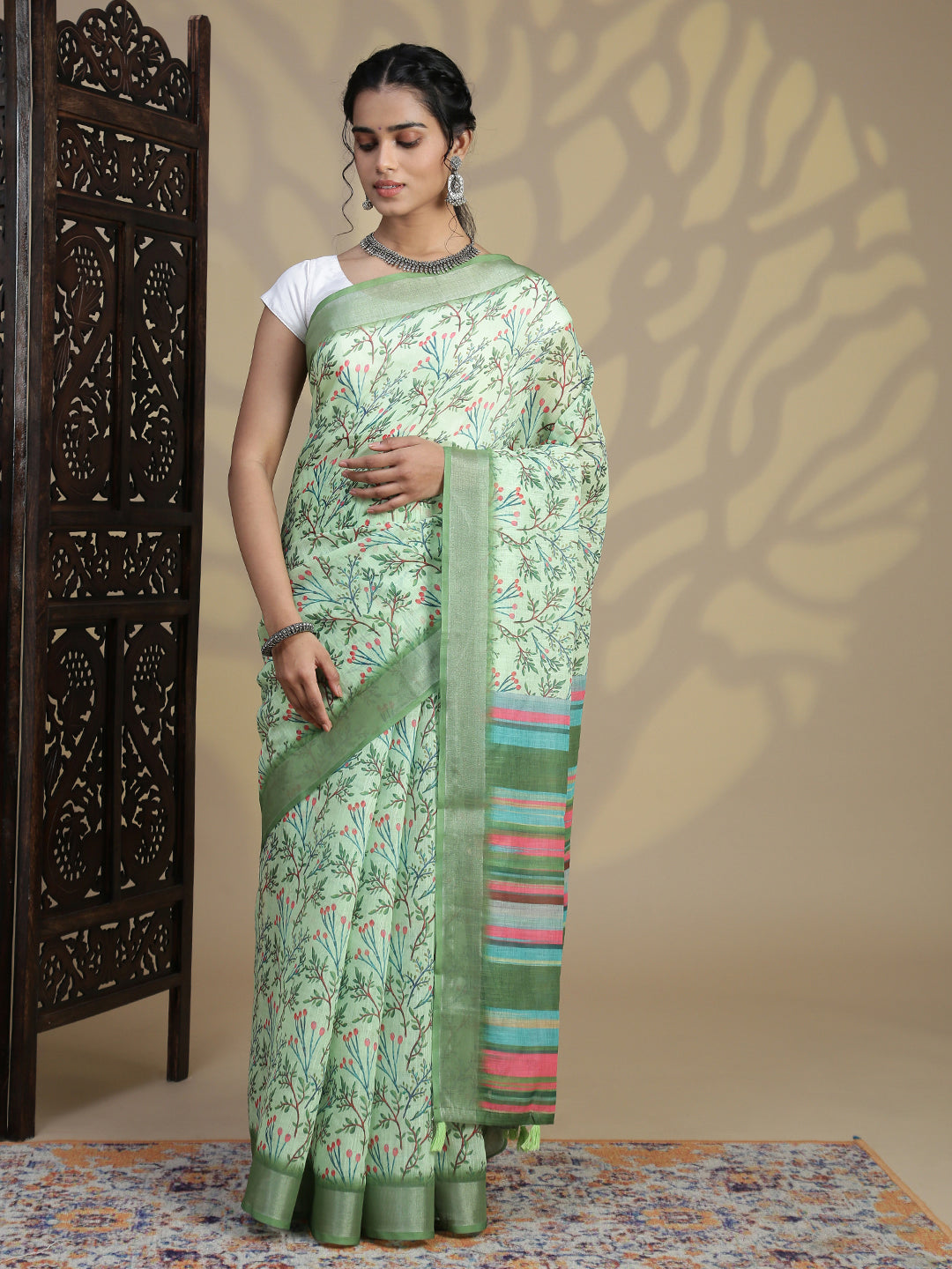Women Green Semi Linen Saree SL234