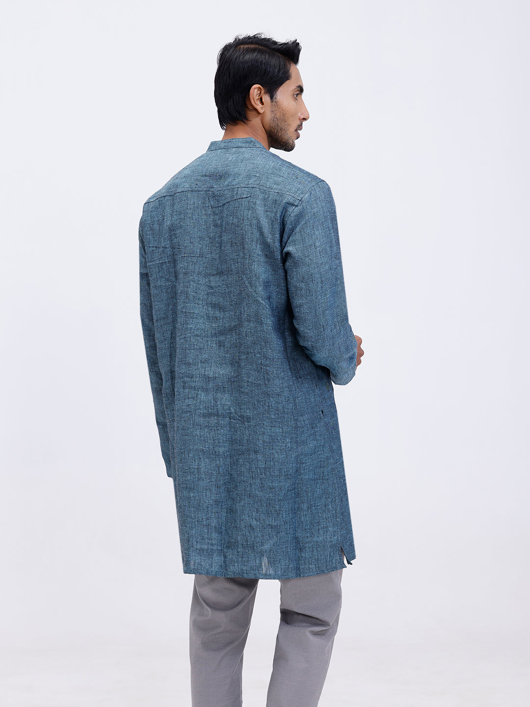 Men Pure Linen Medium Length Plain Pocket Kurta Greenish Blue KAL2