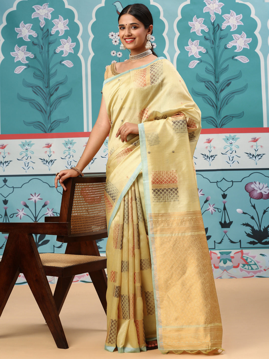 Womens Semi Tussar Weaving Saree Yellow ST131