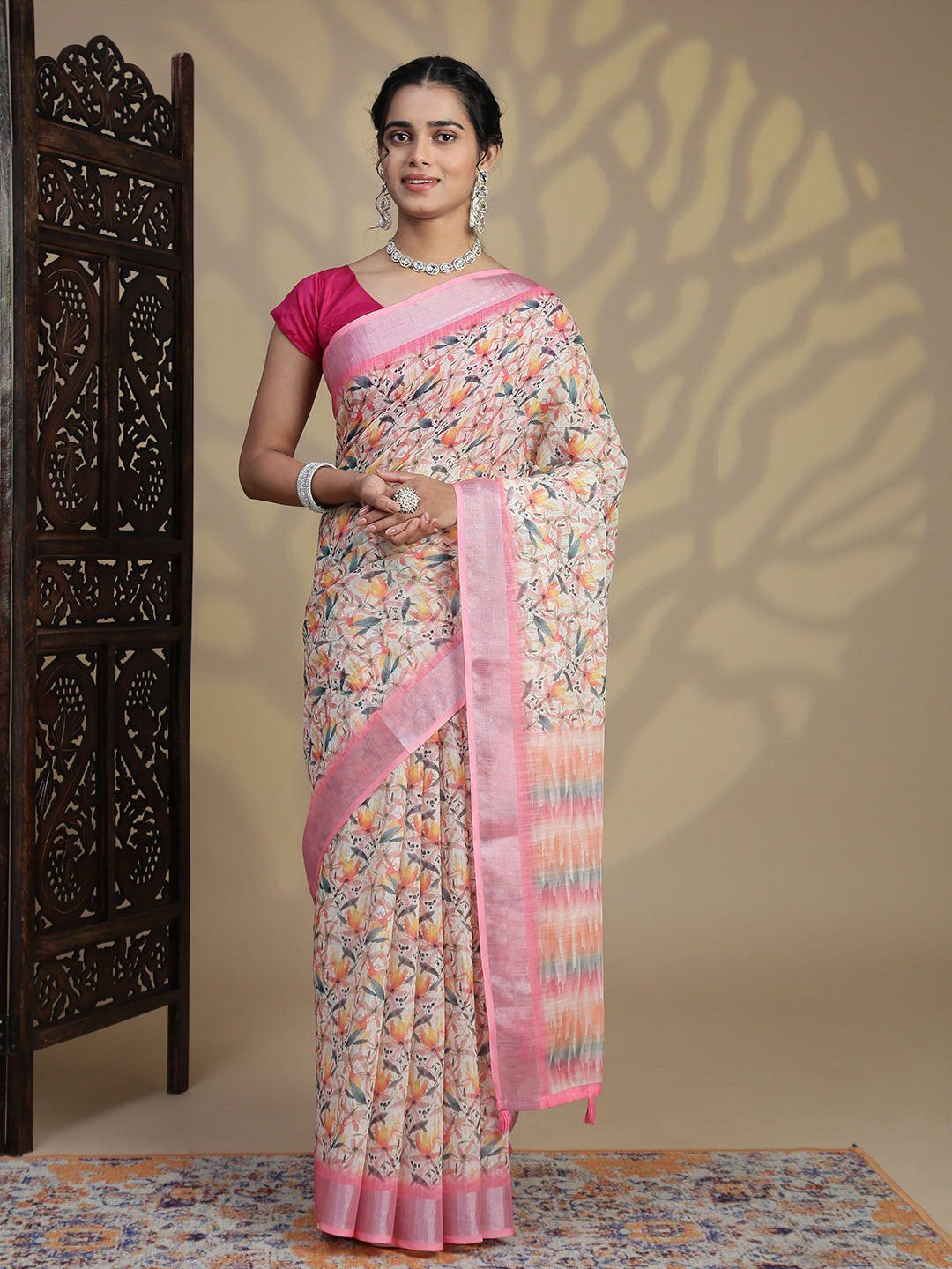 Women Pink Semi Linen Saree SL235