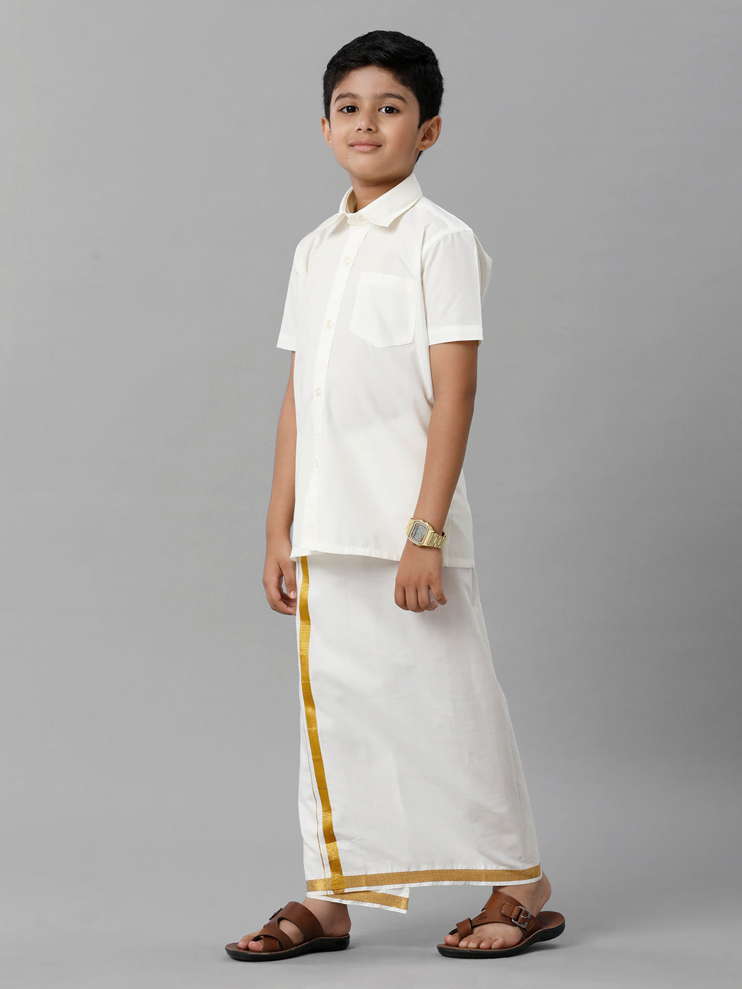 Boys Cotton Cream Half Sleeve Shirt with Dhoti Set-Side alternative view
